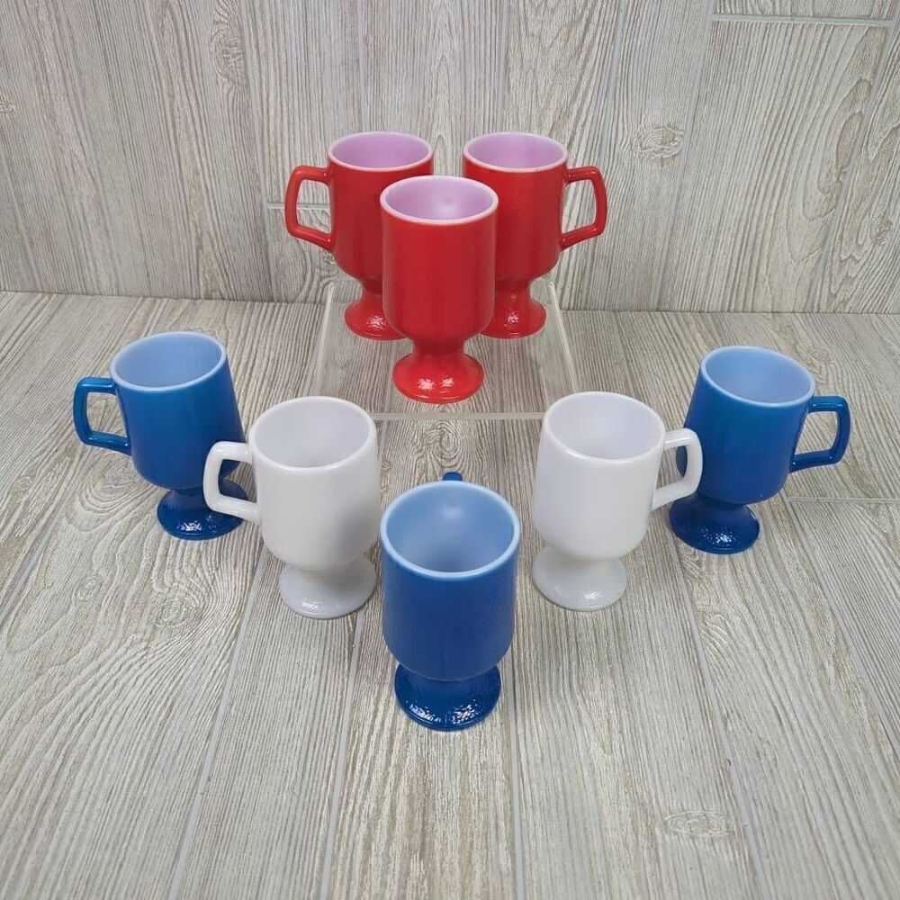 Vintage Hazel Atlas Milk Glass 8 Orange Peel Textured Footed Mugs Red White Blue